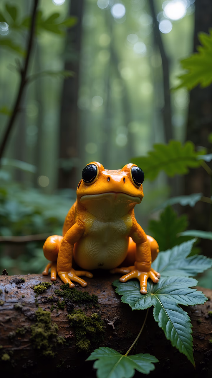 Golden frog resting on a mossy log in a serene forest setting.