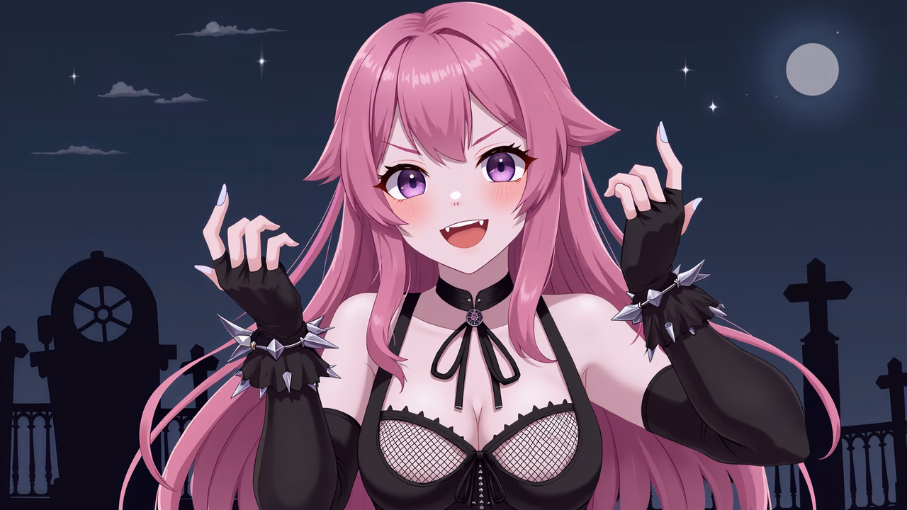 Playful gothic lolita character in a night setting with stars and moon.