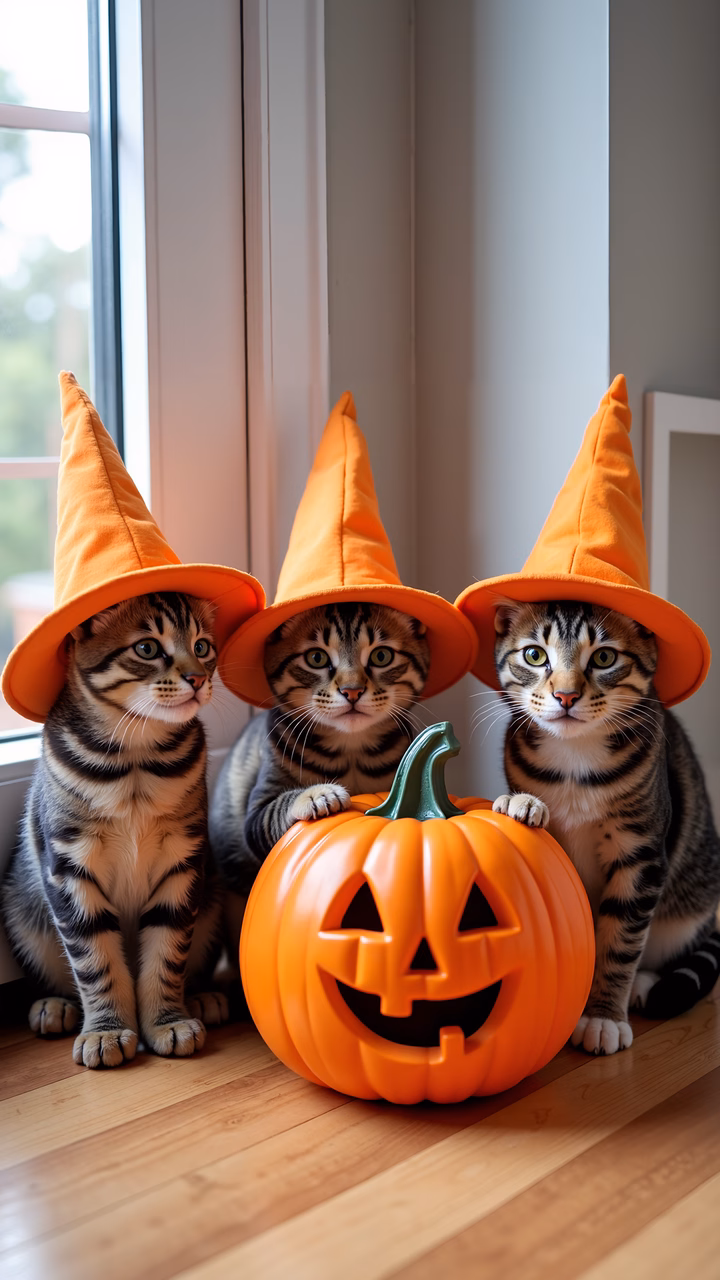 Cute tabby kittens dressed as witches with a carved pumpkin, perfect for Halloween celebrations!
