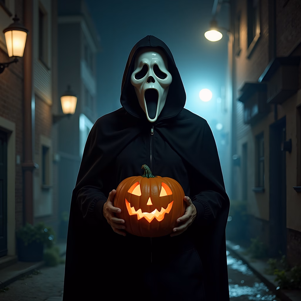 A ghostly figure with a jack-o'-lantern in a spooky alleyway.