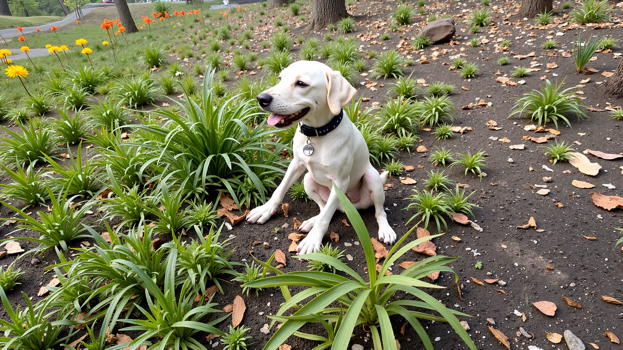 A cheerful dog surrounded by green plants in a peaceful park setting.