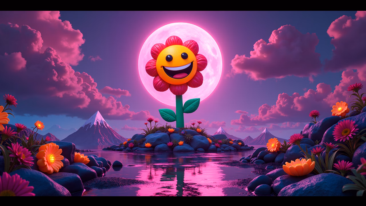 Whimsical moonlit scene with a smiling flower, fantasy art, joy, serenity