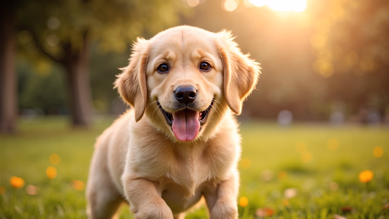 A joyful golden retriever puppy in a sunny park setting.