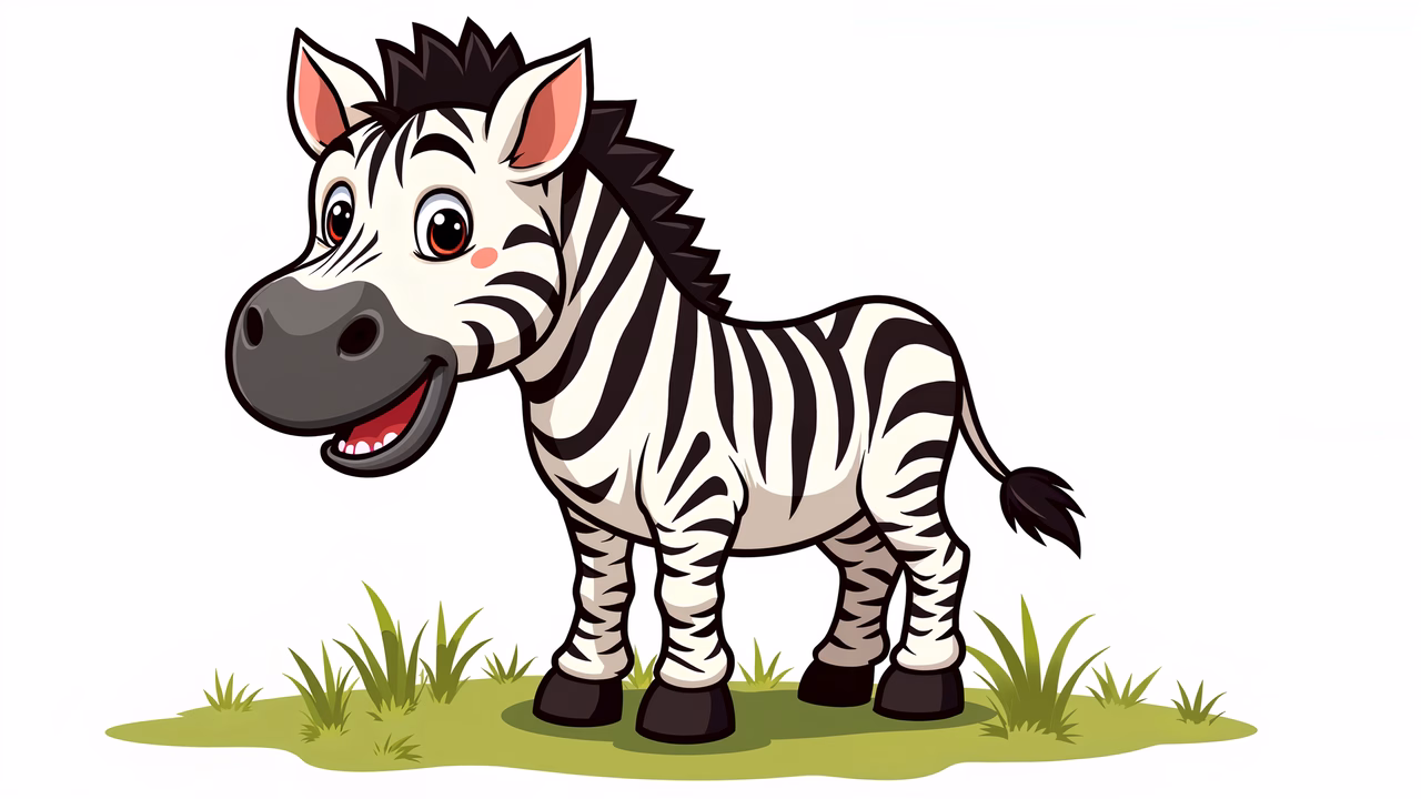 A smiling zebra in a playful illustration, ideal for children’s art.