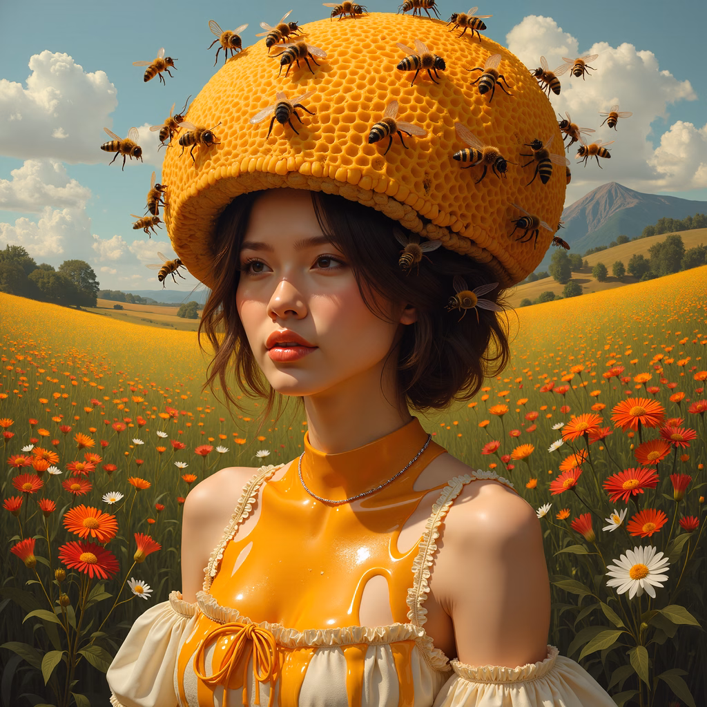 Whimsical honey-themed illustration with bees and flowers.