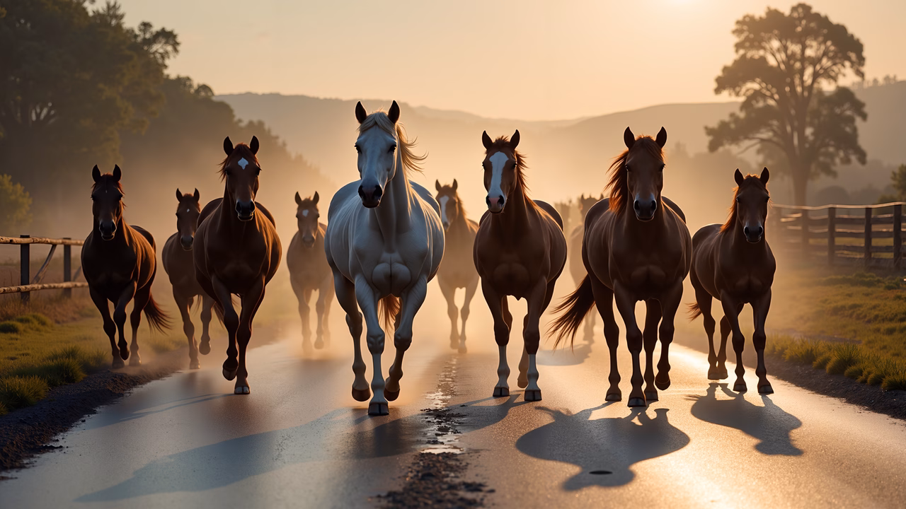 Dynamic horses running at sunset, vibrant colors, serene landscape
