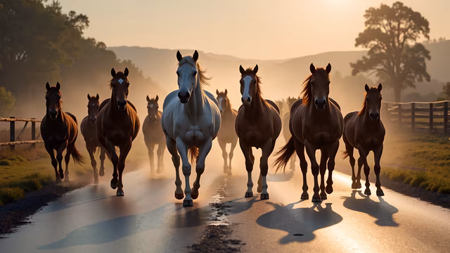 Horses Running at Sunset