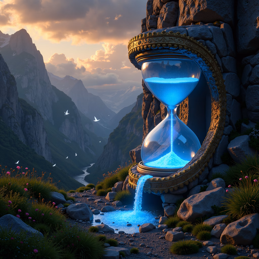 Glowing hourglass symbolizes time passing over a tranquil mountain valley at sunset.