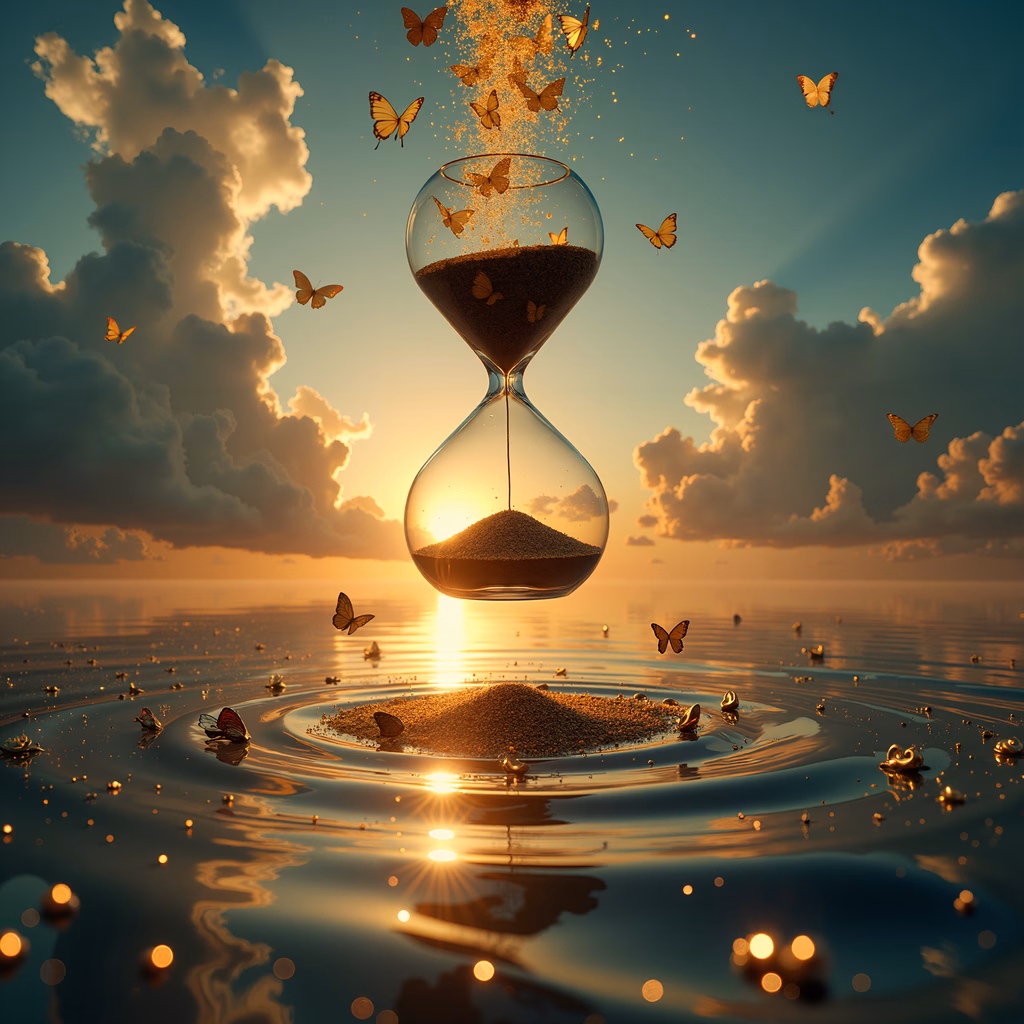 Surreal hourglass over serene sunset, symbolizing time and tranquility.