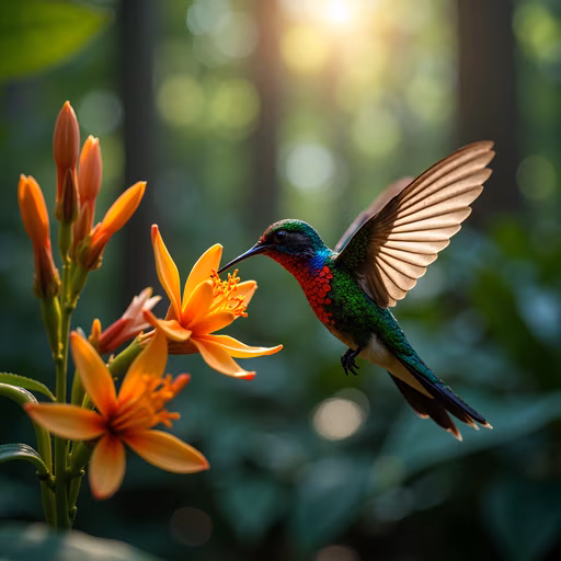 Hummingbird Feeding on Orange Flowers