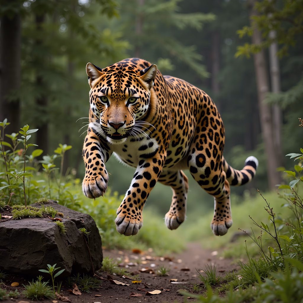 A jaguar in motion, showcasing its natural beauty and strength in a forest environment.