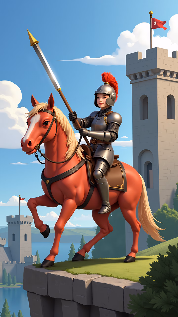 A knight on a red horse, ready for battle against a castle backdrop.