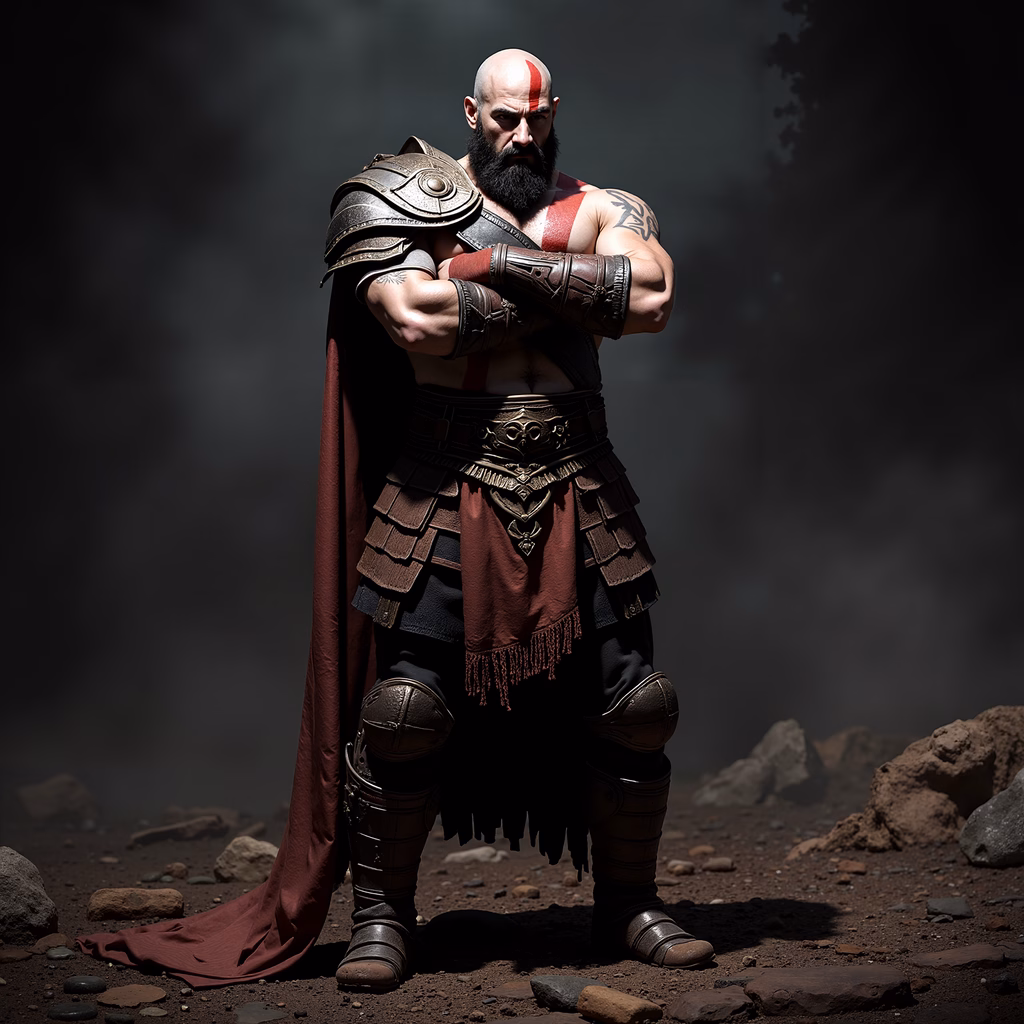 Kratos stands resolutely in a misty landscape, showcasing his strength and determination.