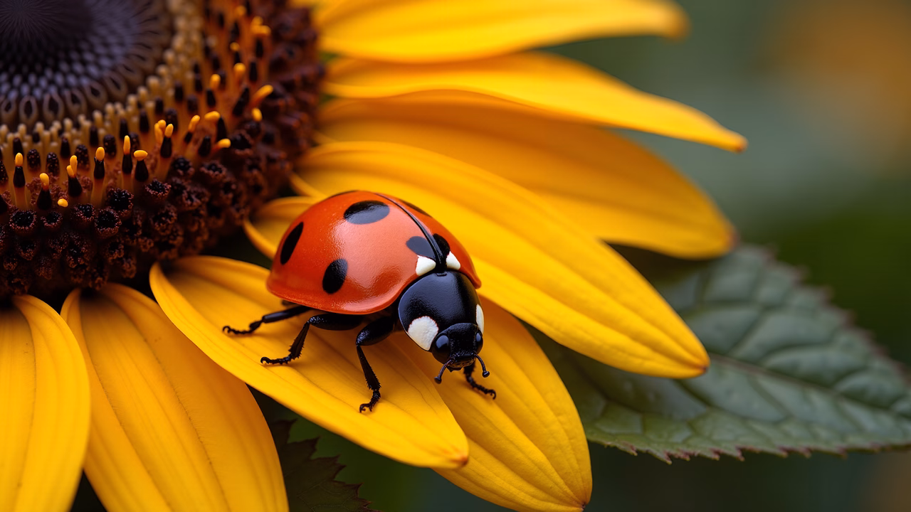 Bright ladybug on a sunflower petal, nature photography