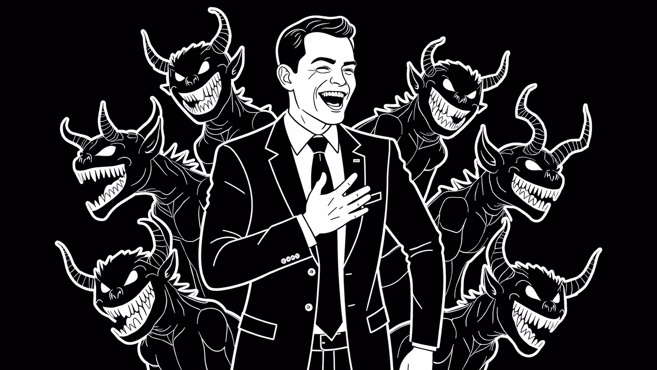 Man laughing surrounded by devilish creatures in a humorous illustration.