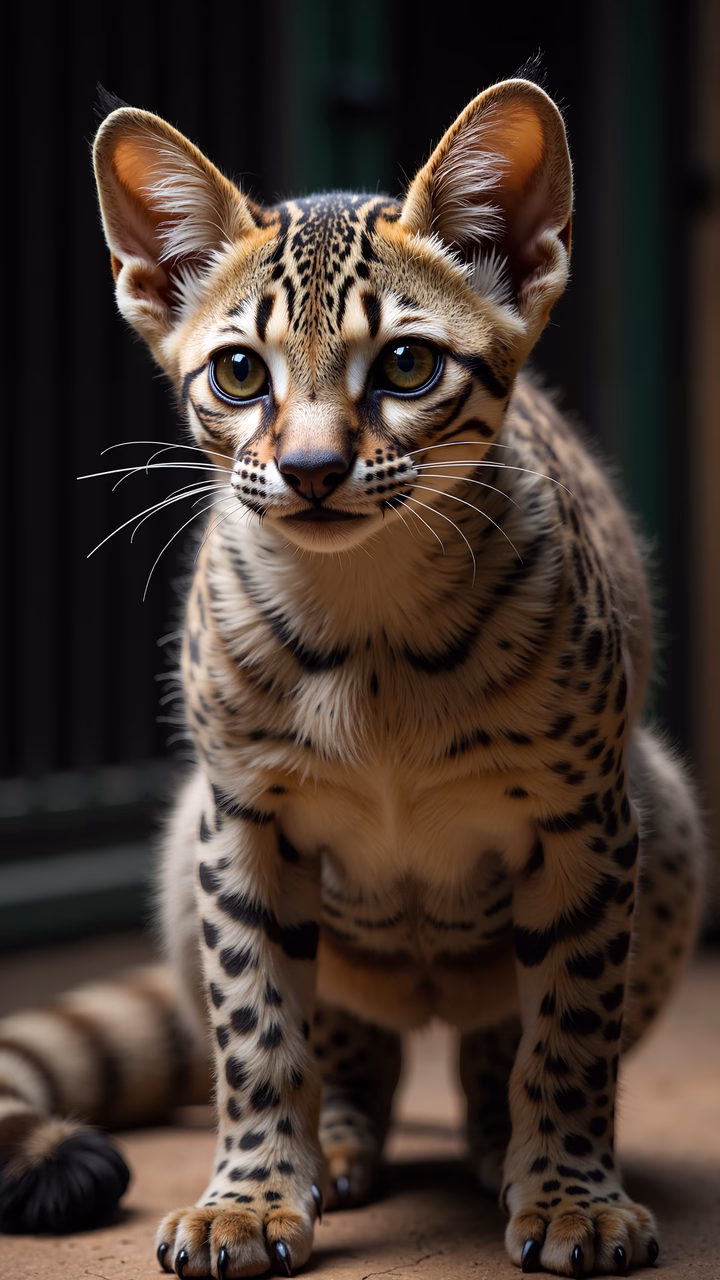 Close-up portrait of a leopard cat with striking green eyes and golden fur.