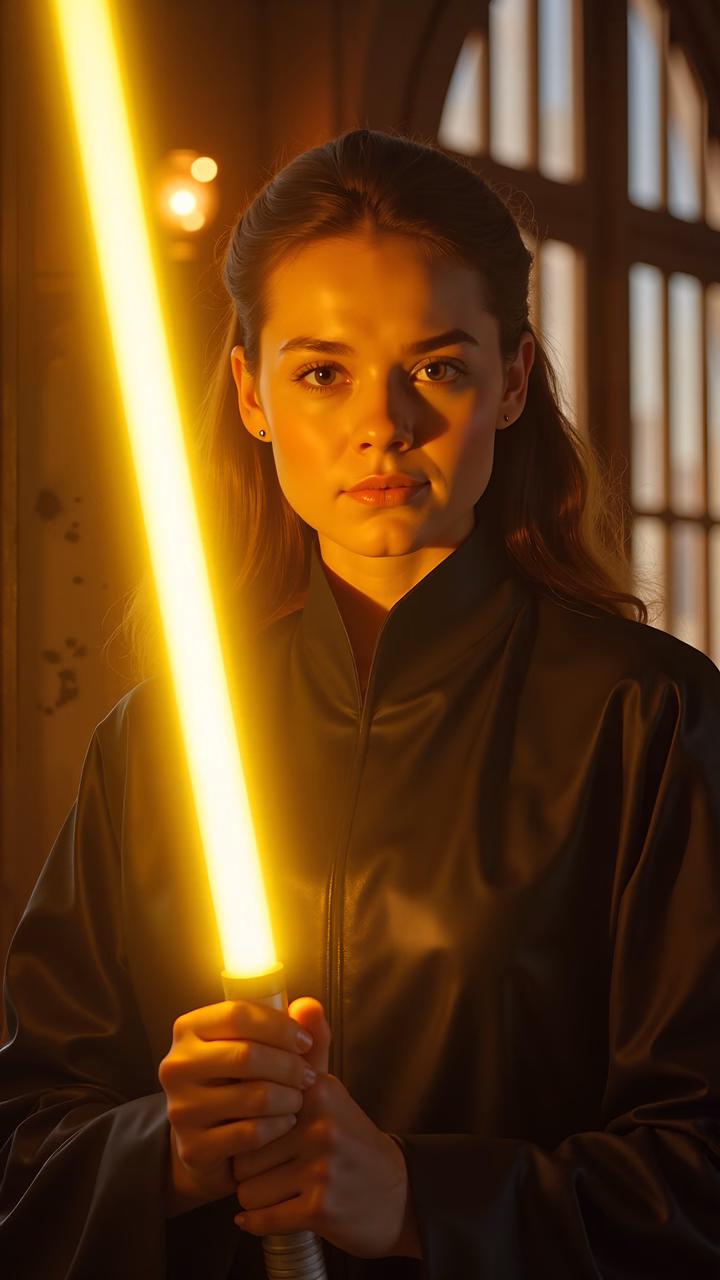 A determined young warrior holding a glowing yellow light saber in a rustic setting.