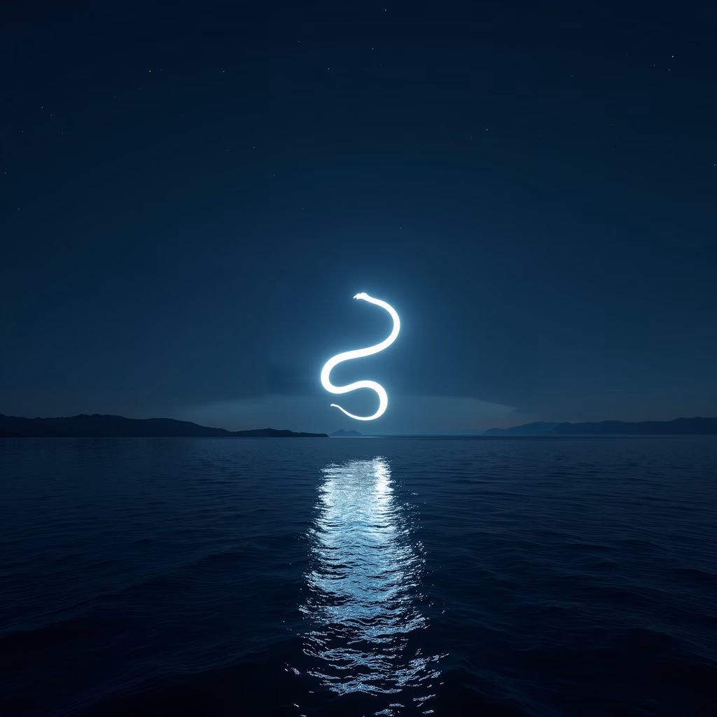 Glowing snake over serene sea under starlit sky