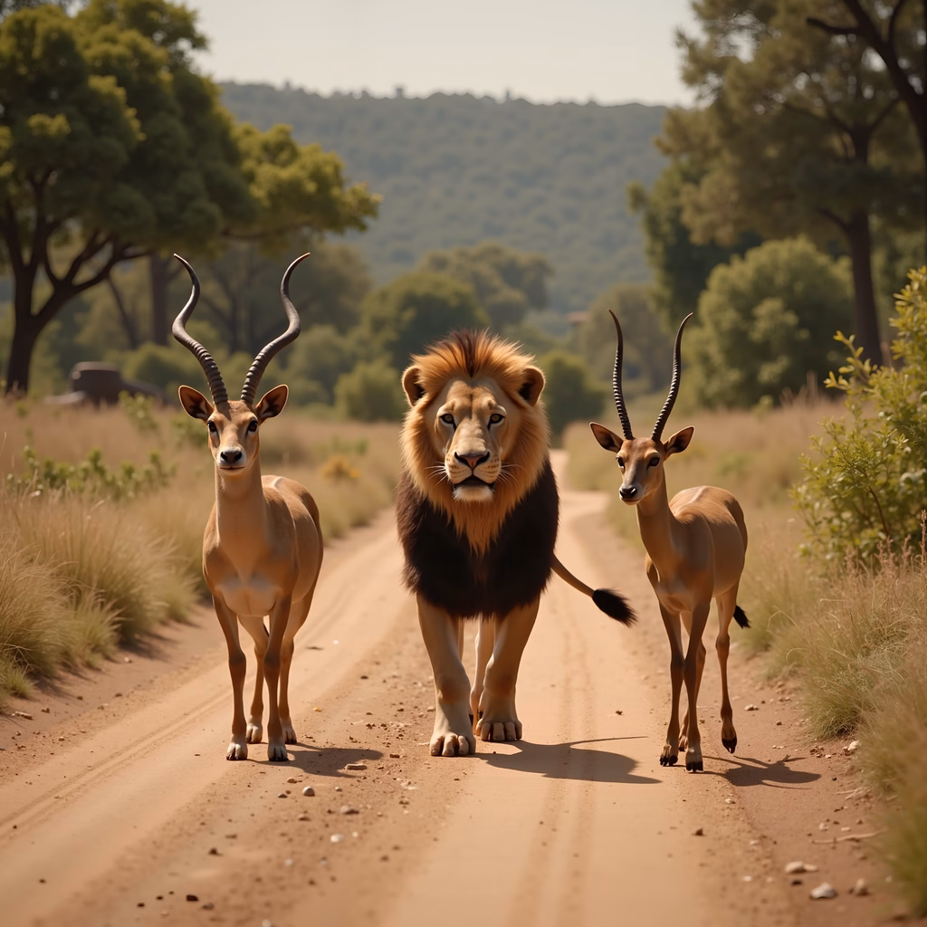 A lion and gazelles share a peaceful moment on a dirt road amidst nature’s beauty.