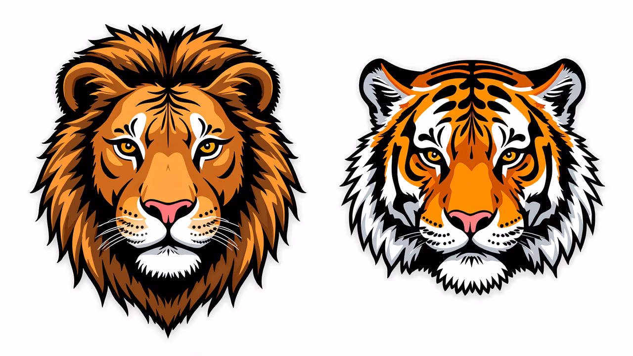 Two detailed animal portraits: lion and tiger.