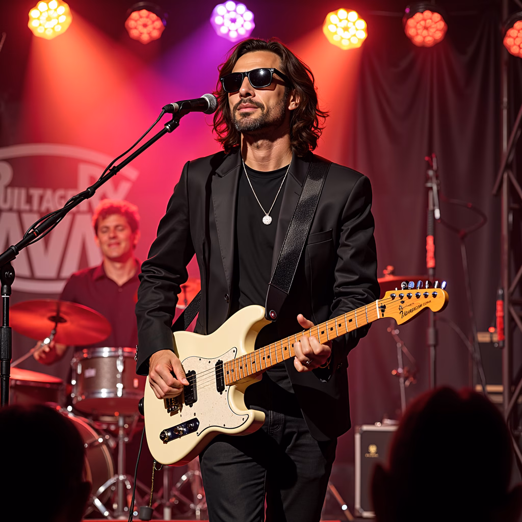 Dynamic live performance with guitarist in a sleek black suit playing a cream-colored electric guitar under vibrant stage lighting.