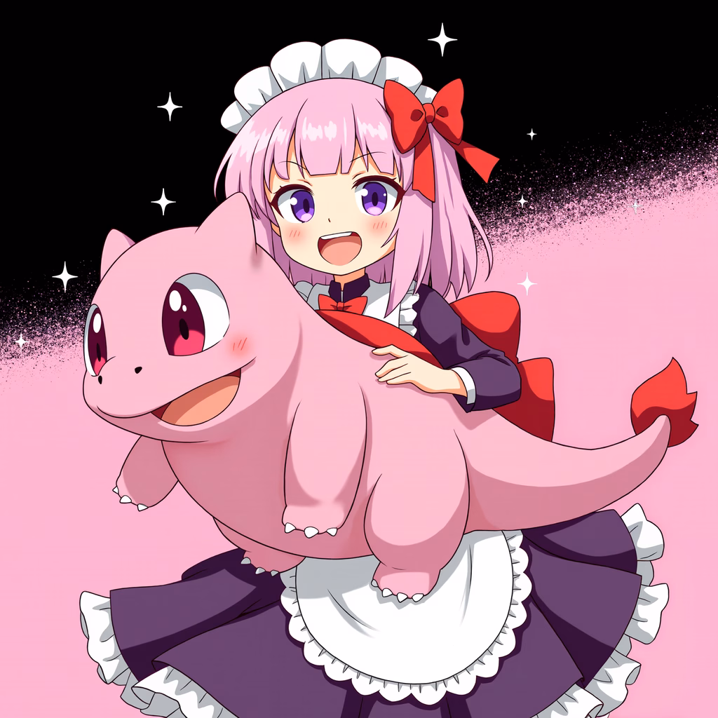 A cute maid character with a pink dinosaur companion, set against a magical backdrop.