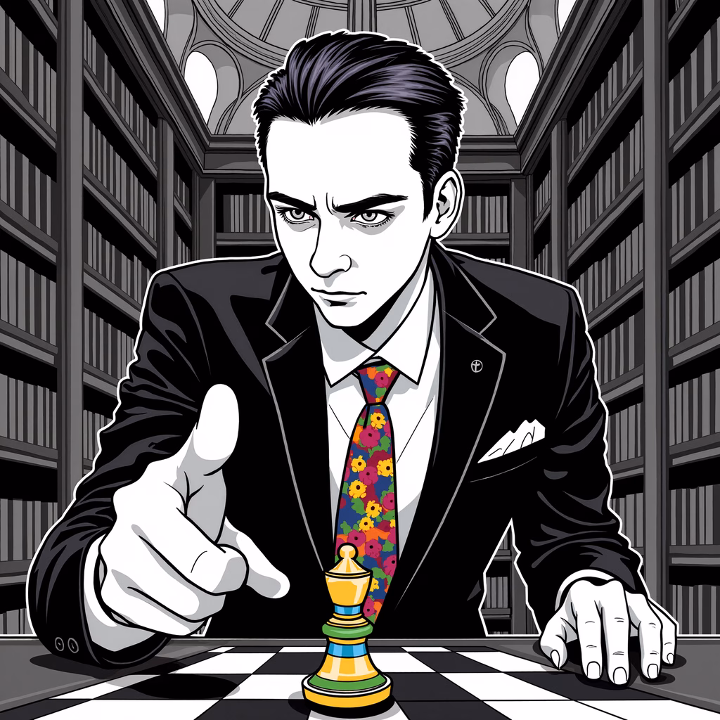 A man in a suit points at a colorful chess piece in a library setting.