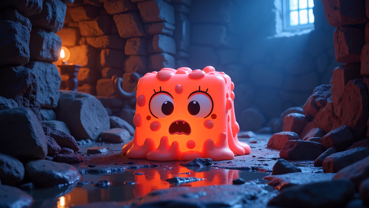 Cartoon cube in a spooky dungeon with red and blue tones.