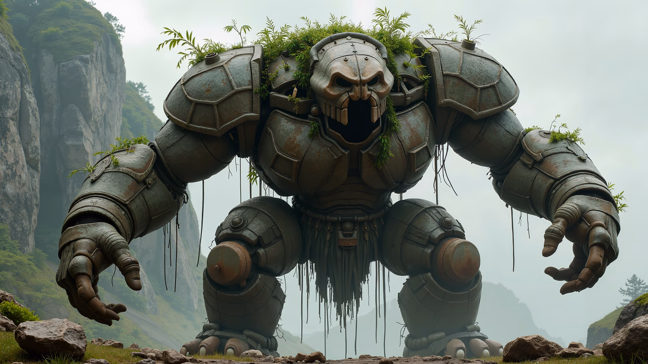 Moss-covered metallic robot in a misty mountain setting.