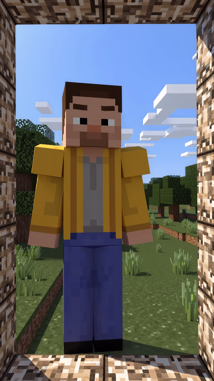 Pixelated Minecraft character in a grassy outdoor setting.