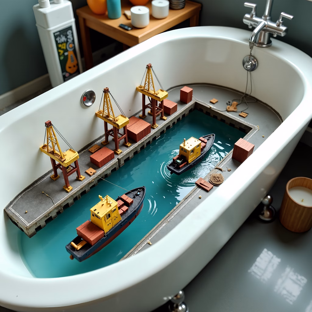 Whimsical miniature dockyard in a bathtub filled with water, featuring toy boats and cranes.