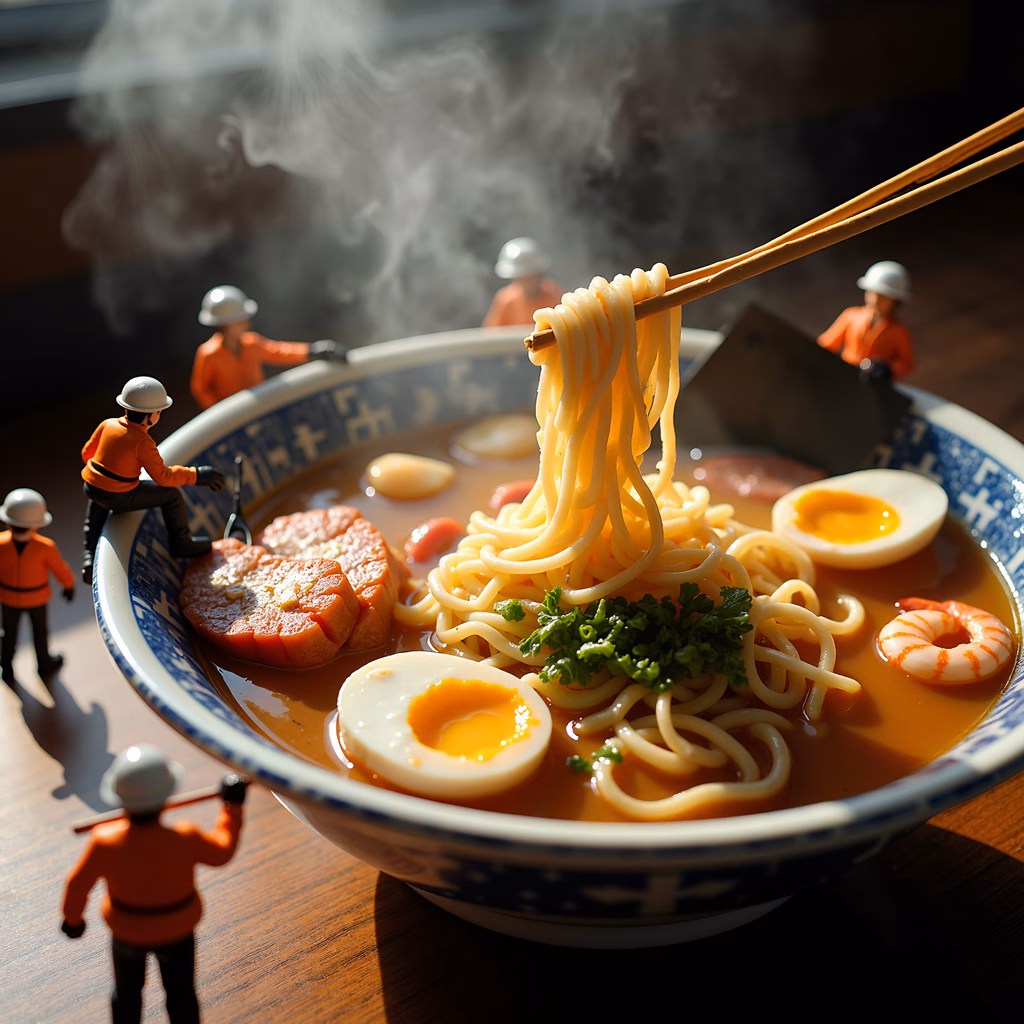 Miniature workers around a steaming bowl of ramen, food art, surreal, whimsical