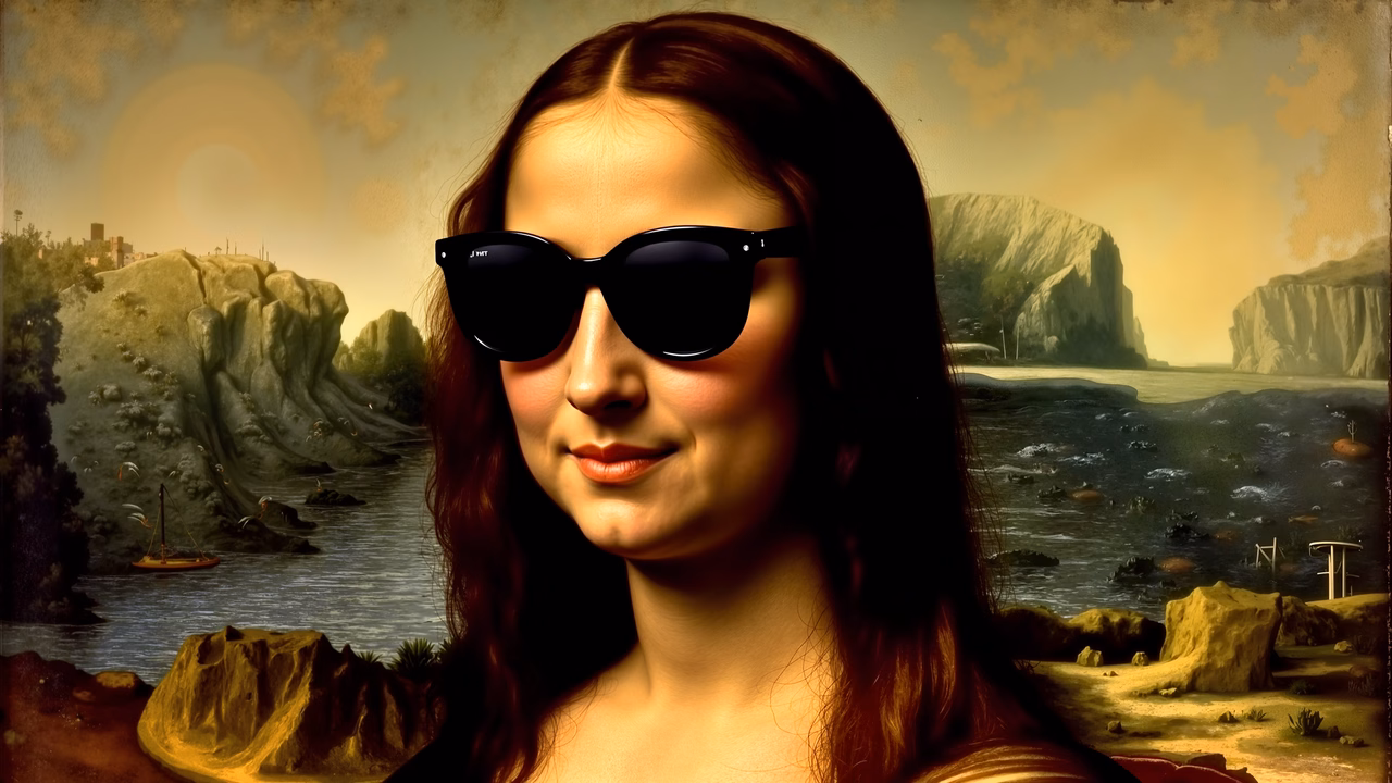 A modern twist on Leonardo da Vinci’s Mona Lisa, blending classical art with contemporary sunglasses.