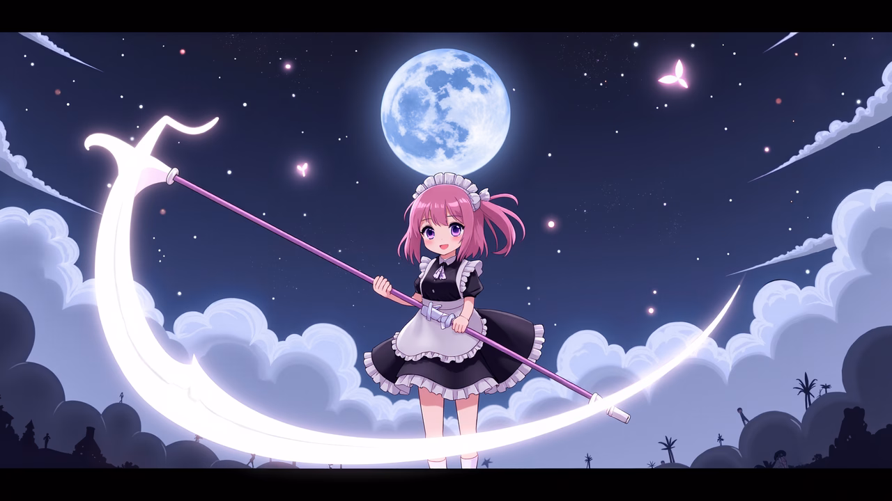 Whimsical moonlit maid with glowing staff, magical night sky, serene atmosphere.