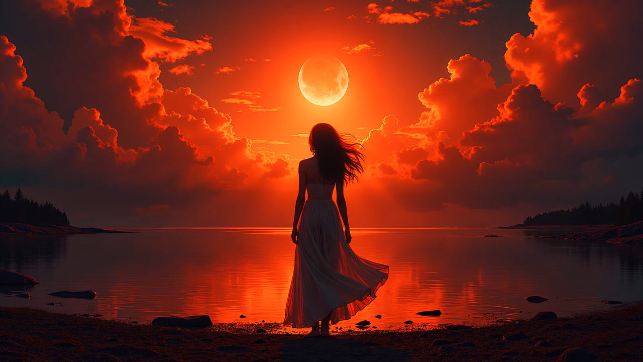 Woman standing by the shore under a glowing full moon, serene landscape