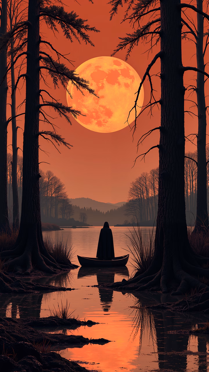 Solitary figure in a boat under a full moon, surrounded by trees and calm waters.