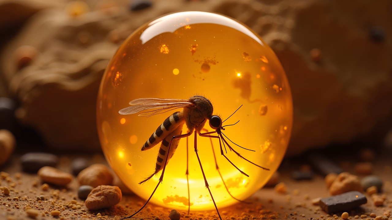 A mosquito preserved in amber, surrounded by earthy textures and pebbles.