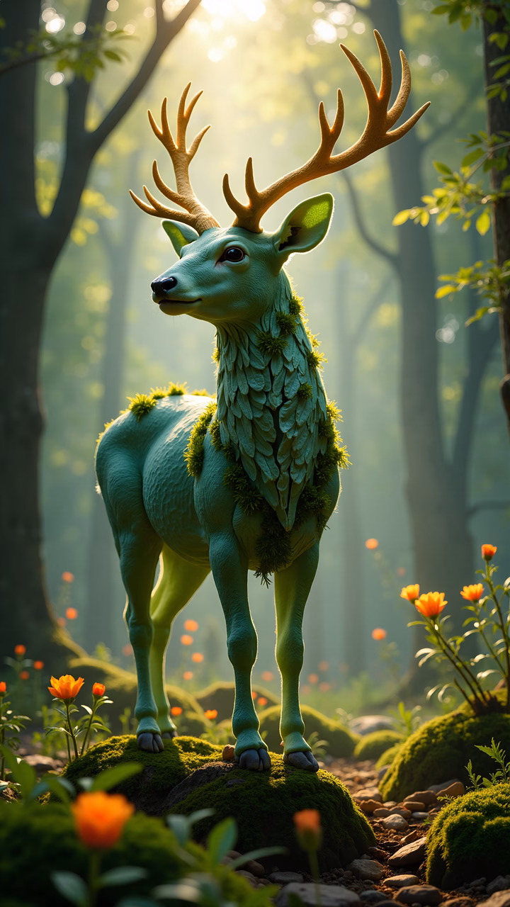 Enchanted deer with moss in a sunlit forest