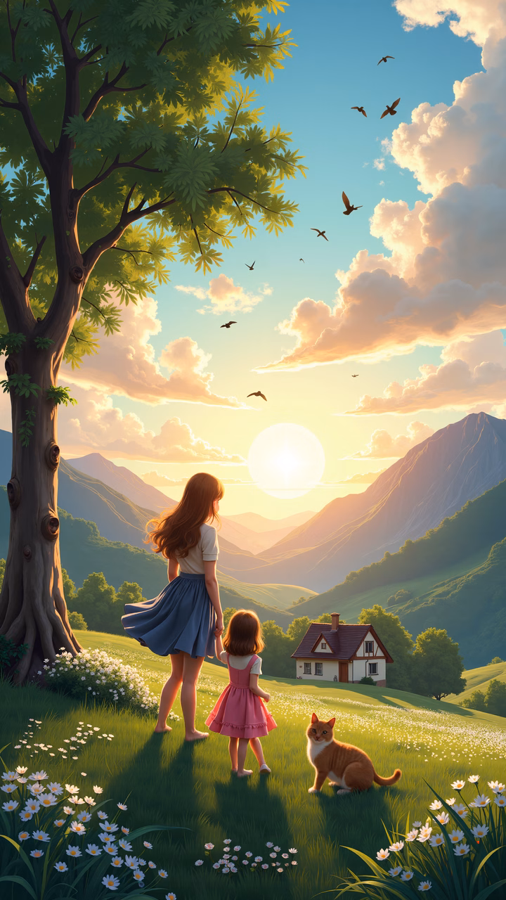 A mother and daughter enjoy a peaceful sunset with a cat nearby, surrounded by lush greenery and mountains.