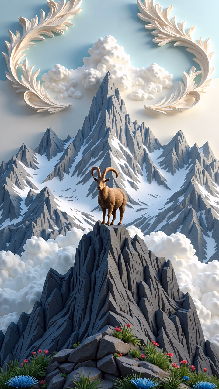 A serene mountain landscape featuring a ram on a rocky peak, surrounded by snow and clouds.