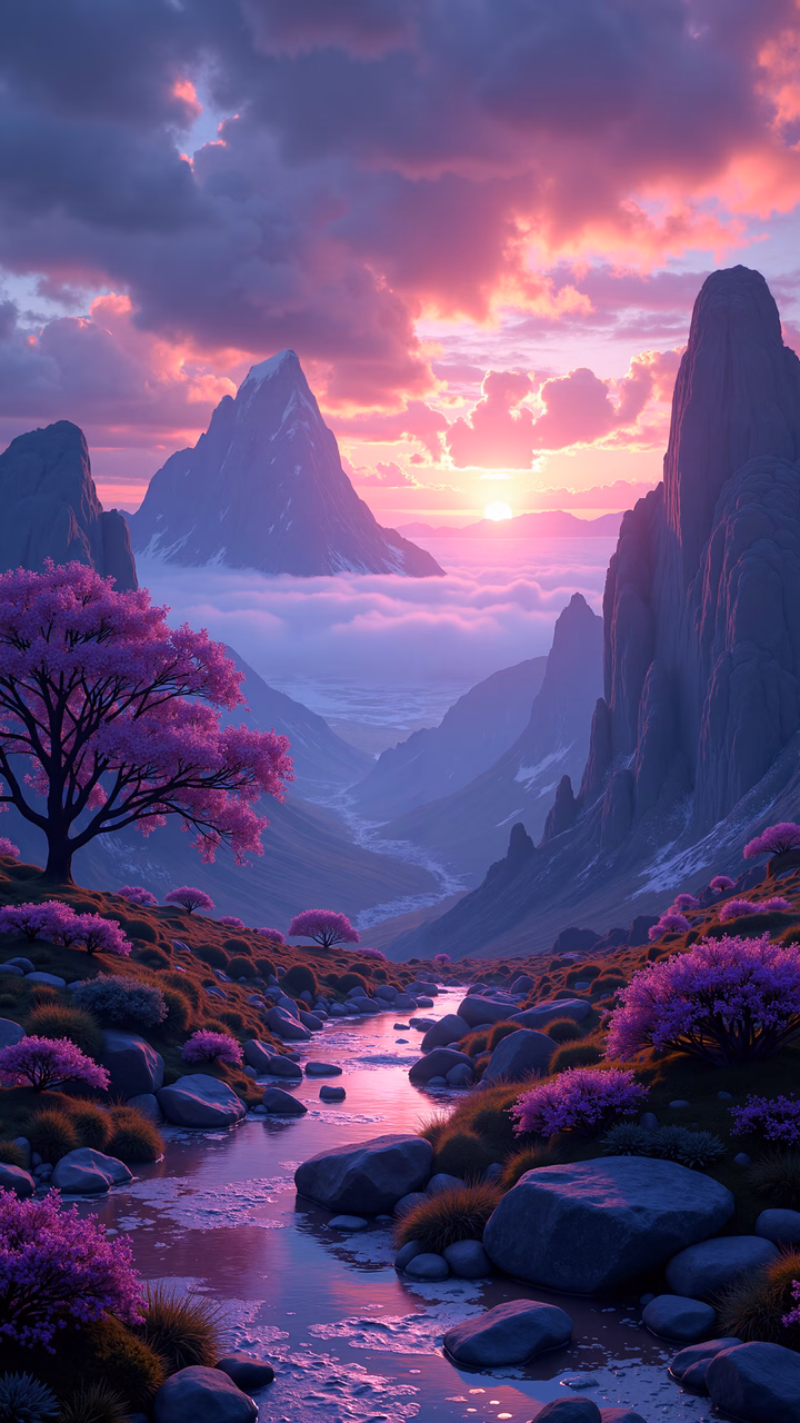 A tranquil mountain sunset with vibrant purple hues and jagged peaks.
