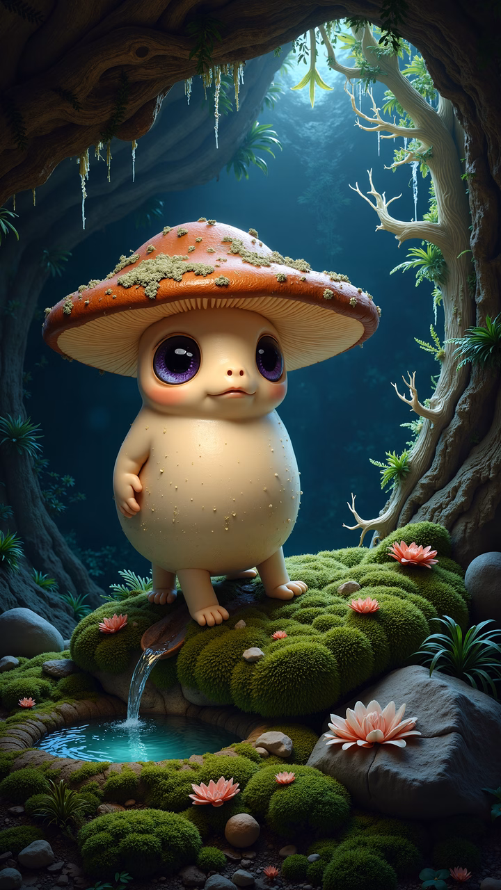 Whimsical baby character under a giant mushroom in a magical forest setting.