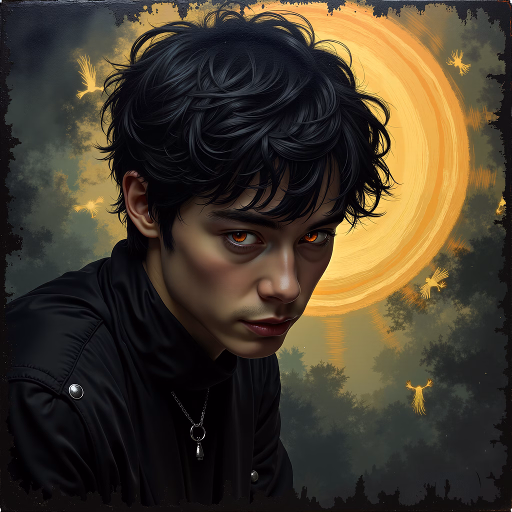Mysterious portrait with dark hair, piercing eyes, and swirling sun in the background.