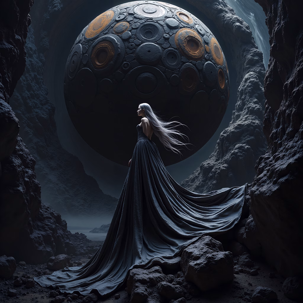 Mysterious woman in a flowing gown before an enigmatic sphere in a dark cavern.