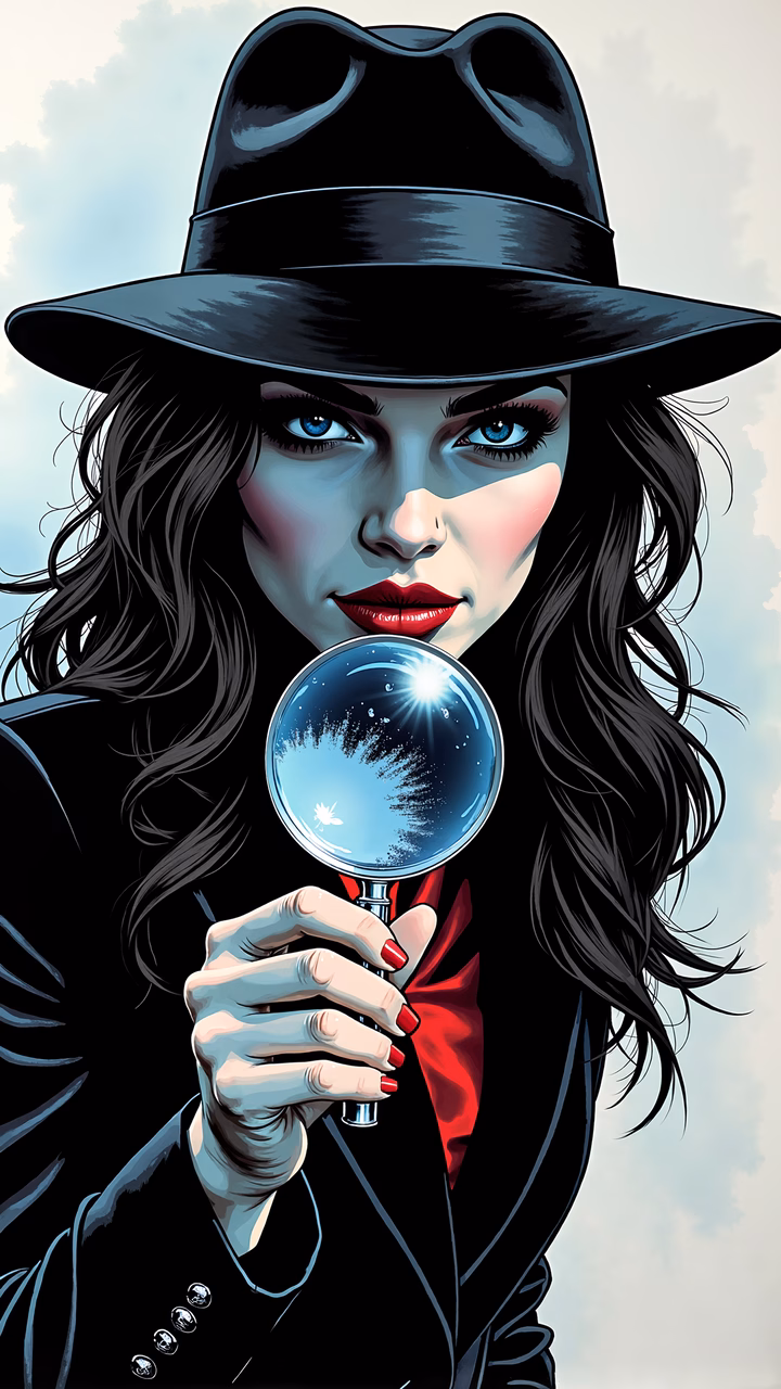 Mysterious detective examining a starry night through a magnifying glass.