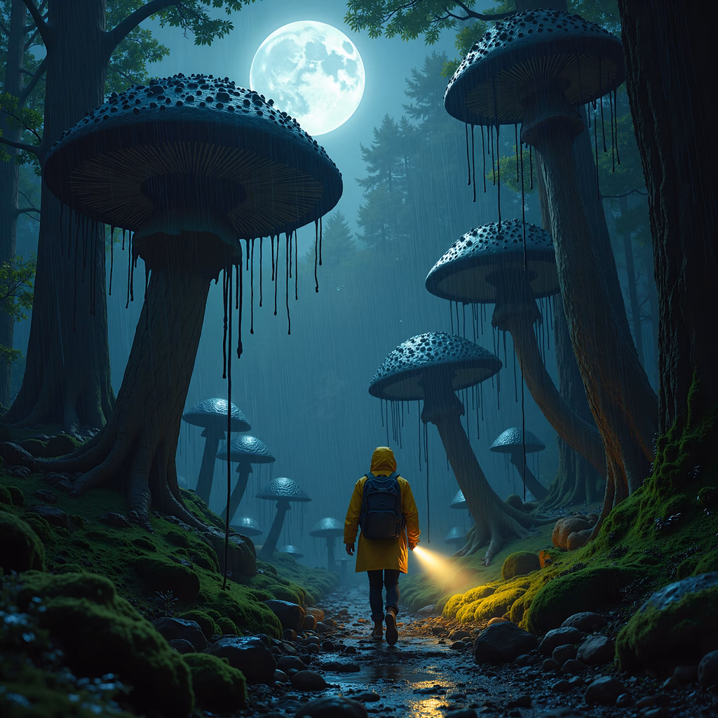 A solitary journey through a moonlit, mushroom-filled fantasy forest.