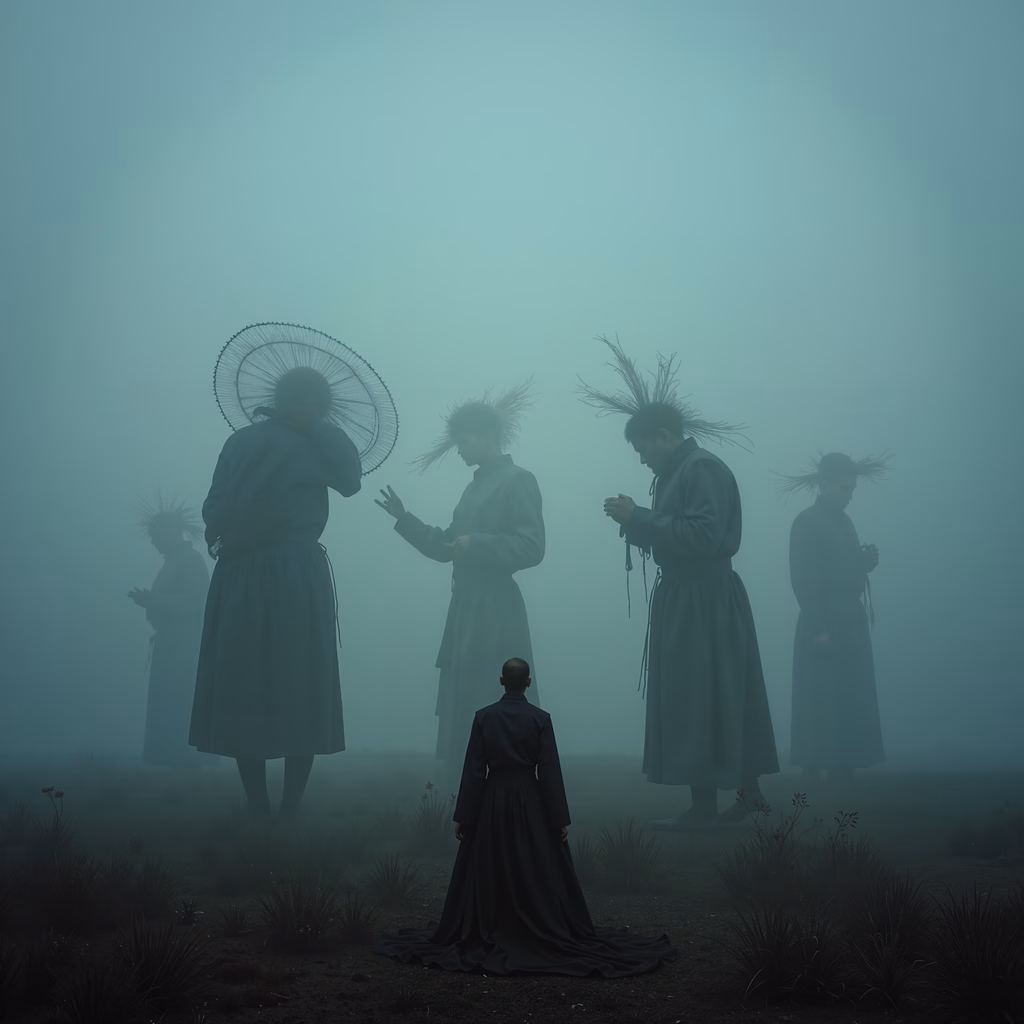A mystical gathering in a foggy landscape with individuals in dark robes engaged in various activities.