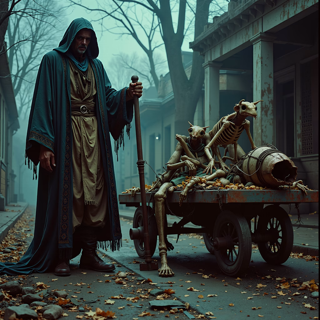 Mysterious hooded figure with skeletal companions on a foggy street.