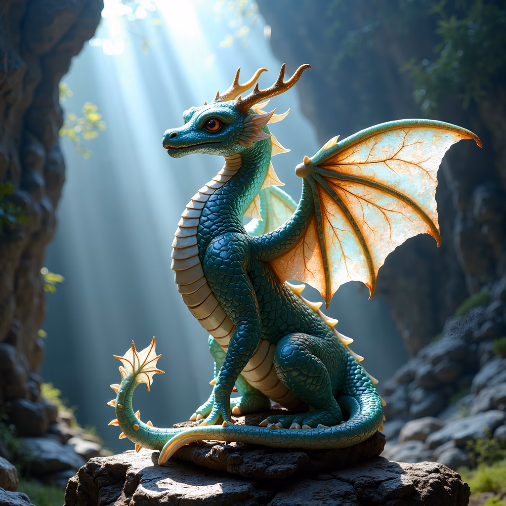 Mystical turquoise dragon in a sunlit forest setting
