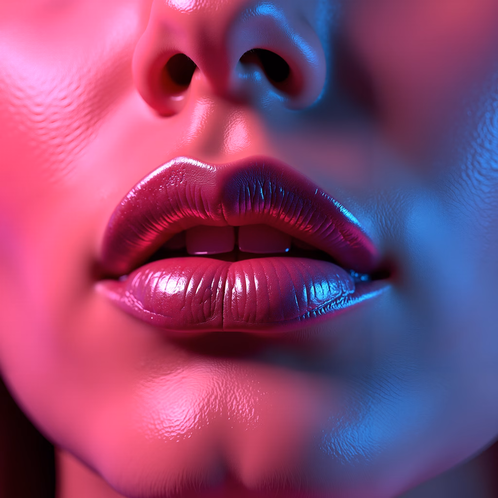 Close-up of neon pink lips with glossy texture, evoking modern and energetic vibes.